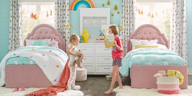 Kids Cottage Colors White Bedroom with 2 Braelynn Pink Twin Upholstered Beds - Thumbnail - Image 1