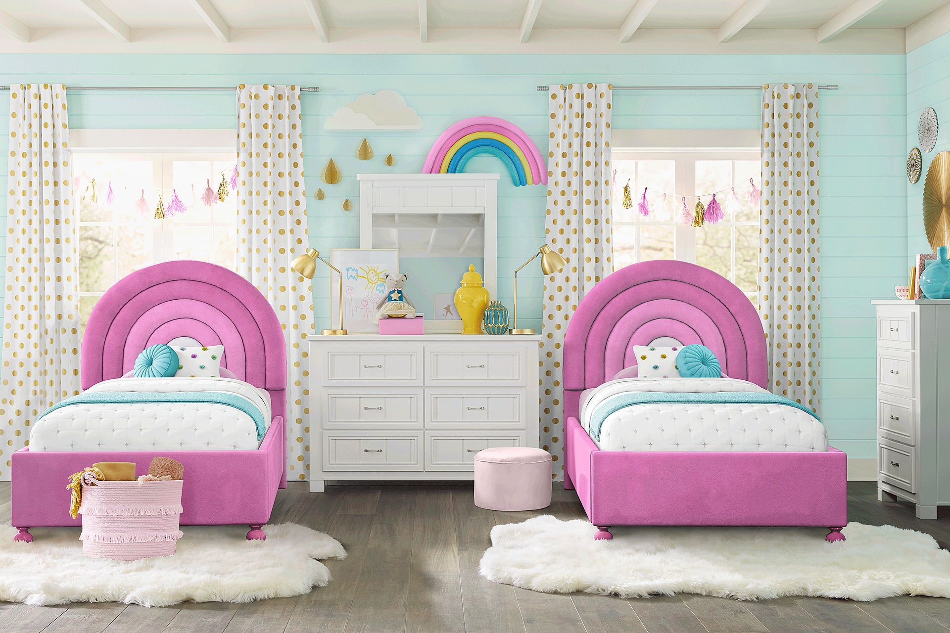 Kids Cottage Colors White Bedroom with Rainbow Joy Pink Twin Beds - Image 1