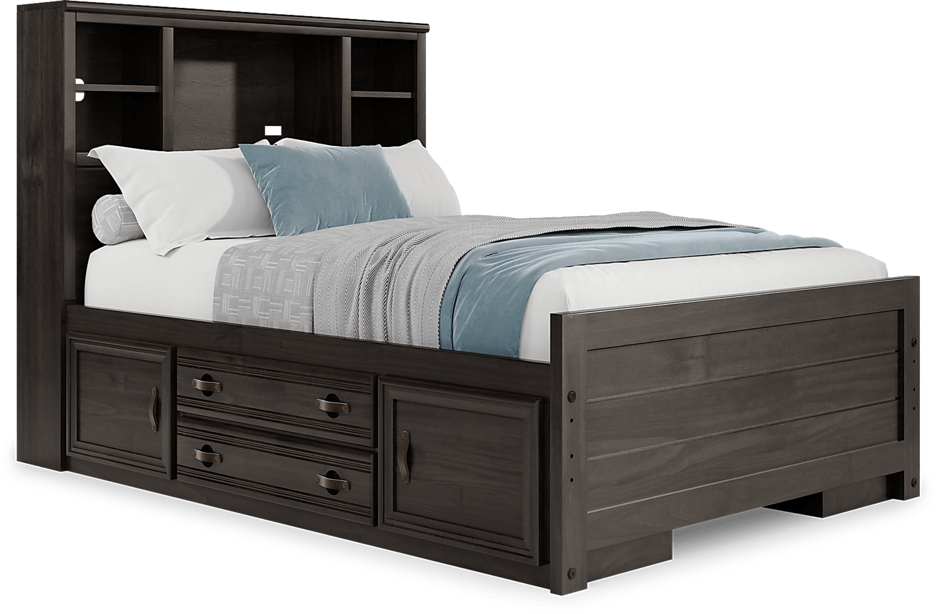 charcoal full bookcase bed w 2 storage rails