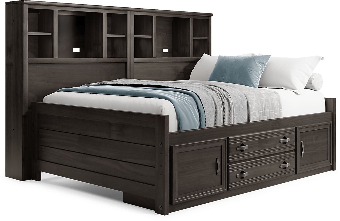 Kids Creekside 2.0 Charcoal 5 Pc Full Bookcase Wall Bed with Storage Rail