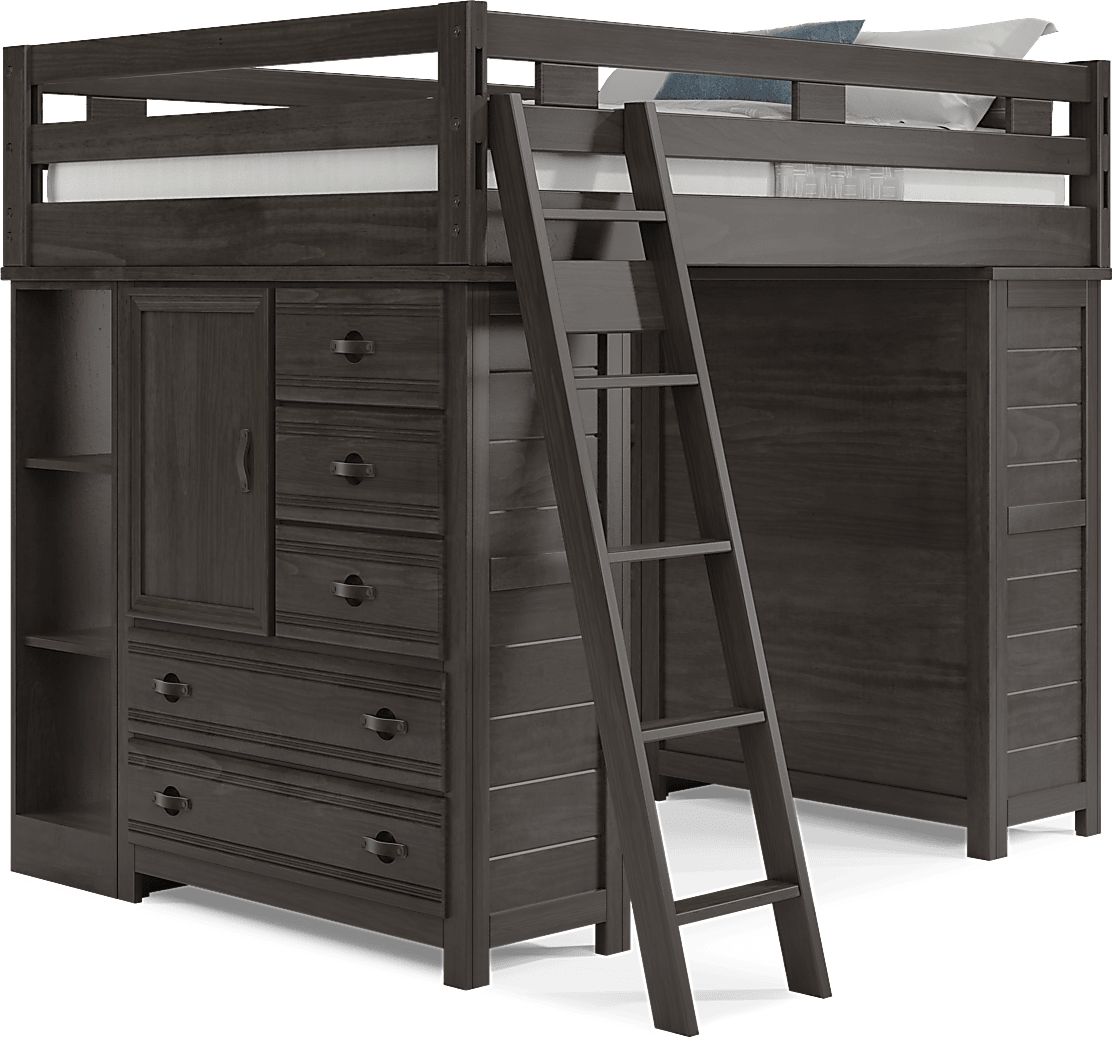 Kids Creekside 2.0 Charcoal Full Loft with 2 Loft Chests and 2 Bookcases