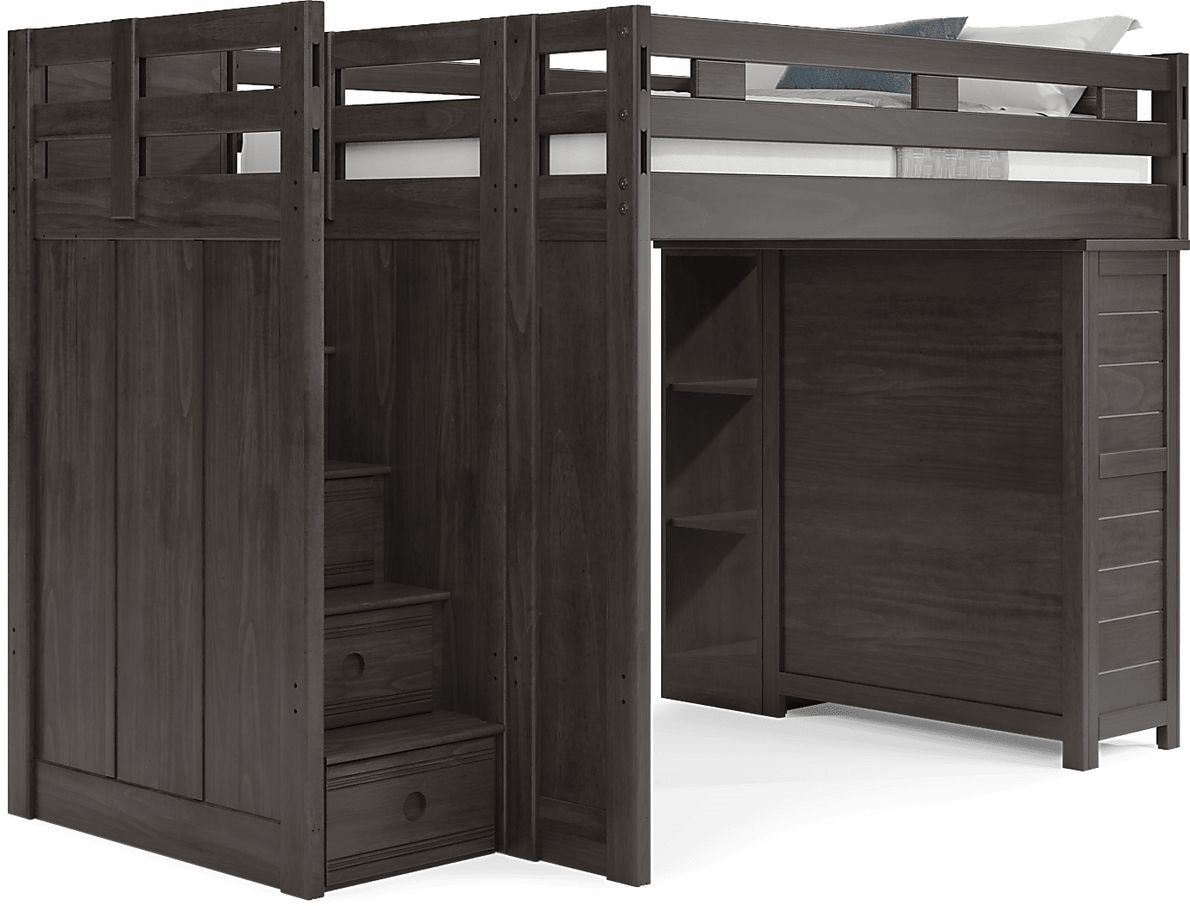 Kids Creekside 2.0 Charcoal Full Step Loft with Loft Chest and Bookcase