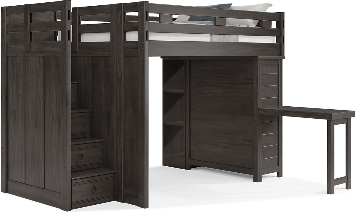 Kids Creekside 2.0 Charcoal Full Step Loft with Loft Chest, Bookcase and Desk Attachment