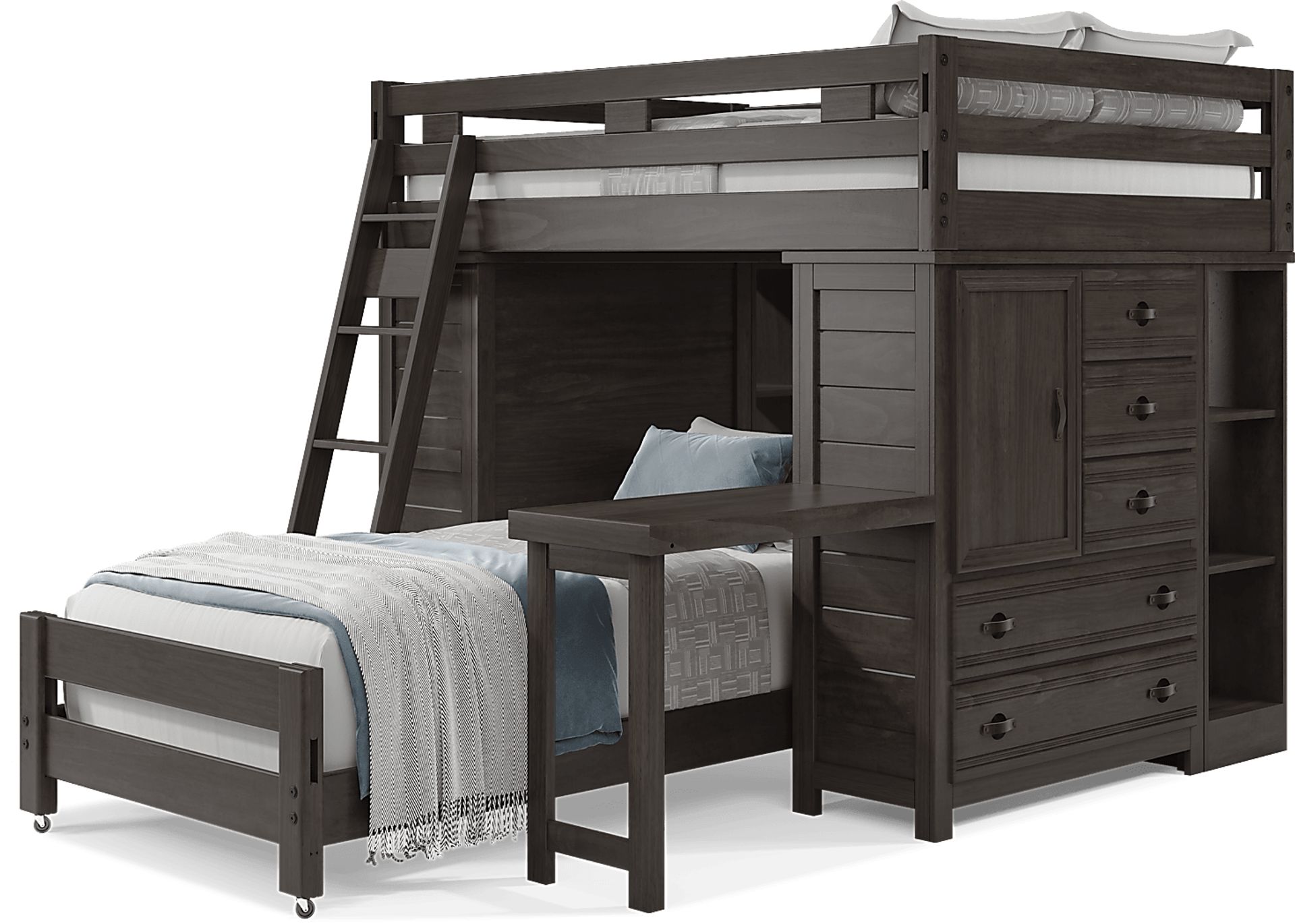 Kids Creekside 2.0 Charcoal Full/Twin Loft with 2 Loft Chests, 2 Bookcases and Desk Attachment - Image 3