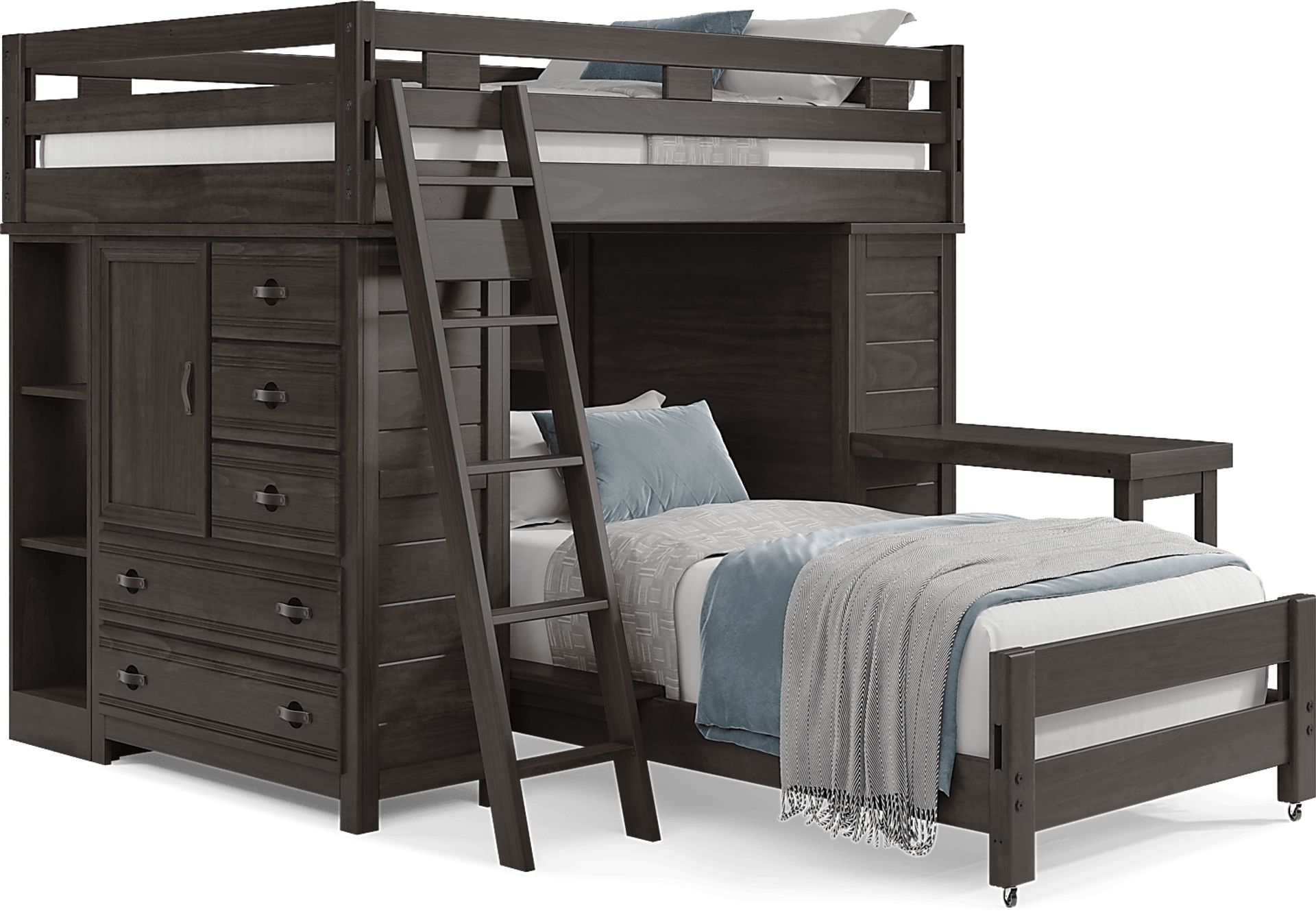 Kids Creekside 2.0 Charcoal Full/Twin Loft with 2 Loft Chests, 2 Bookcases and Desk Attachment - Image 1