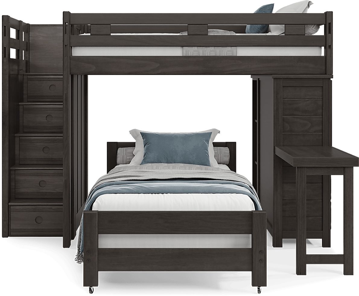 Kids Creekside 2.0 Charcoal Full/Twin Step Loft with Loft Chest, Bookcase and Desk Attachment