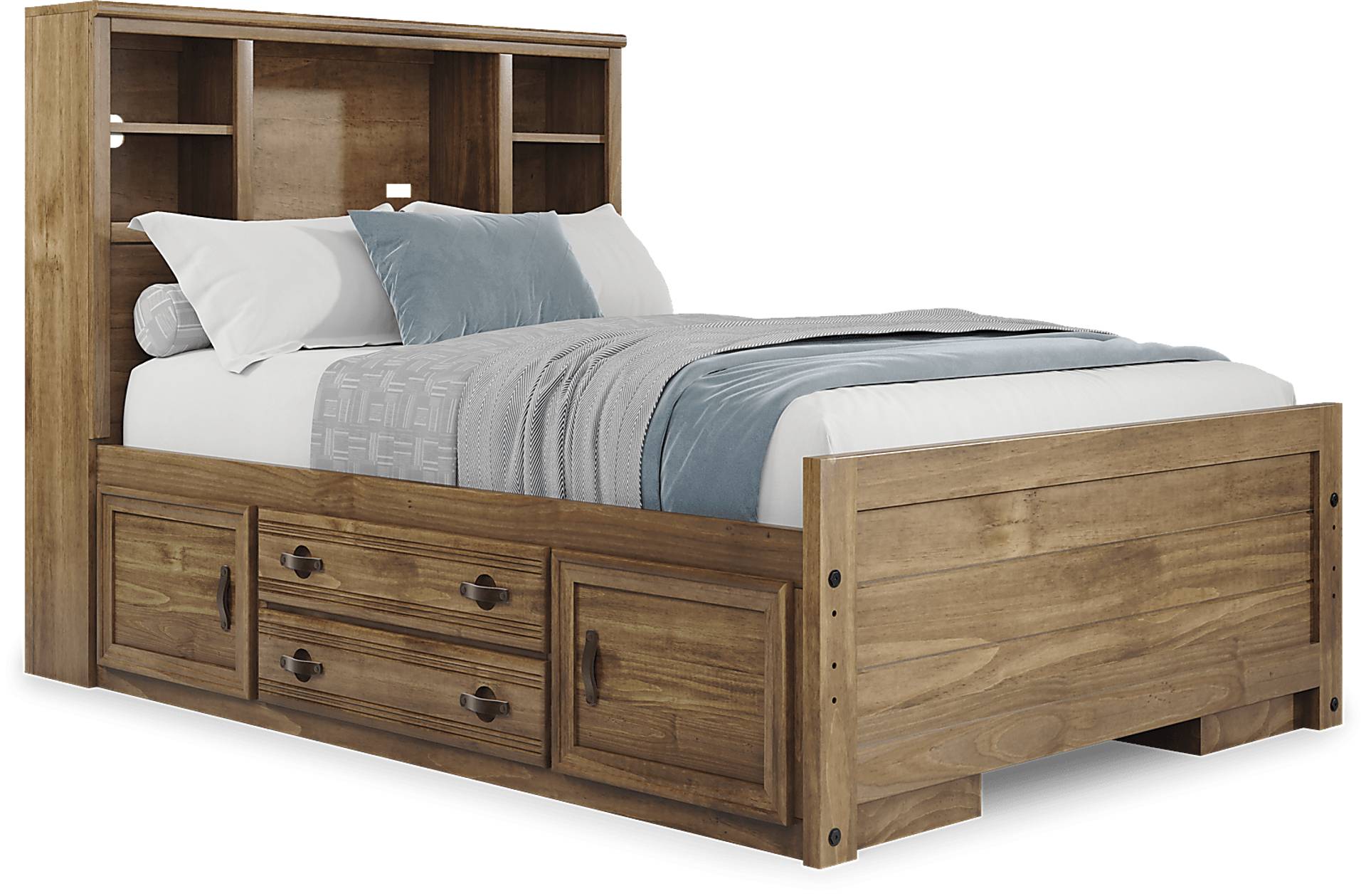 chestnut full bookcase bed w 2 storage rails