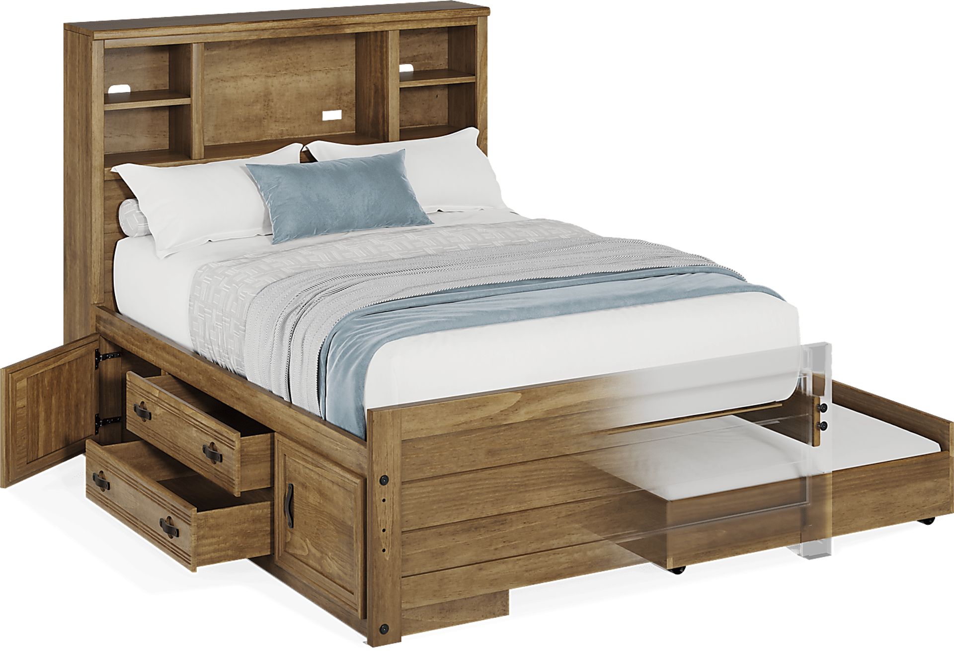 Kids Creekside 2.0 Chestnut 4 Pc Full Bookcase Bed with Storage Side Rail and Trundle - Image 1