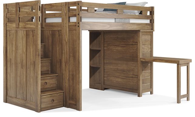 Kids Creekside 2.0 Chestnut Full Step Loft with Loft Chest, Bookcase and Desk Attachment