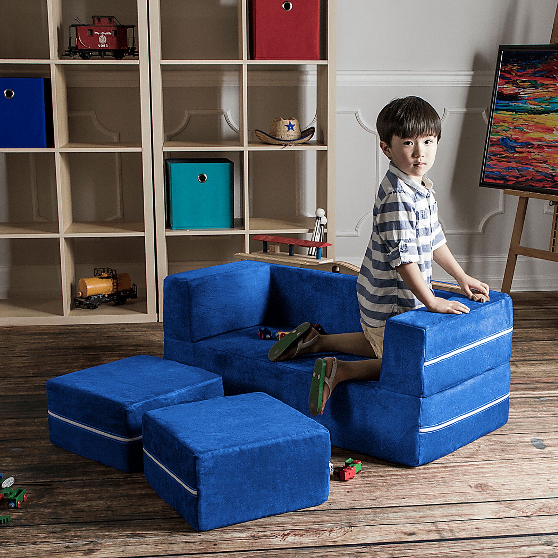 Kids Cubblie Blue Convertible Loveseat and Ottoman - Image 4