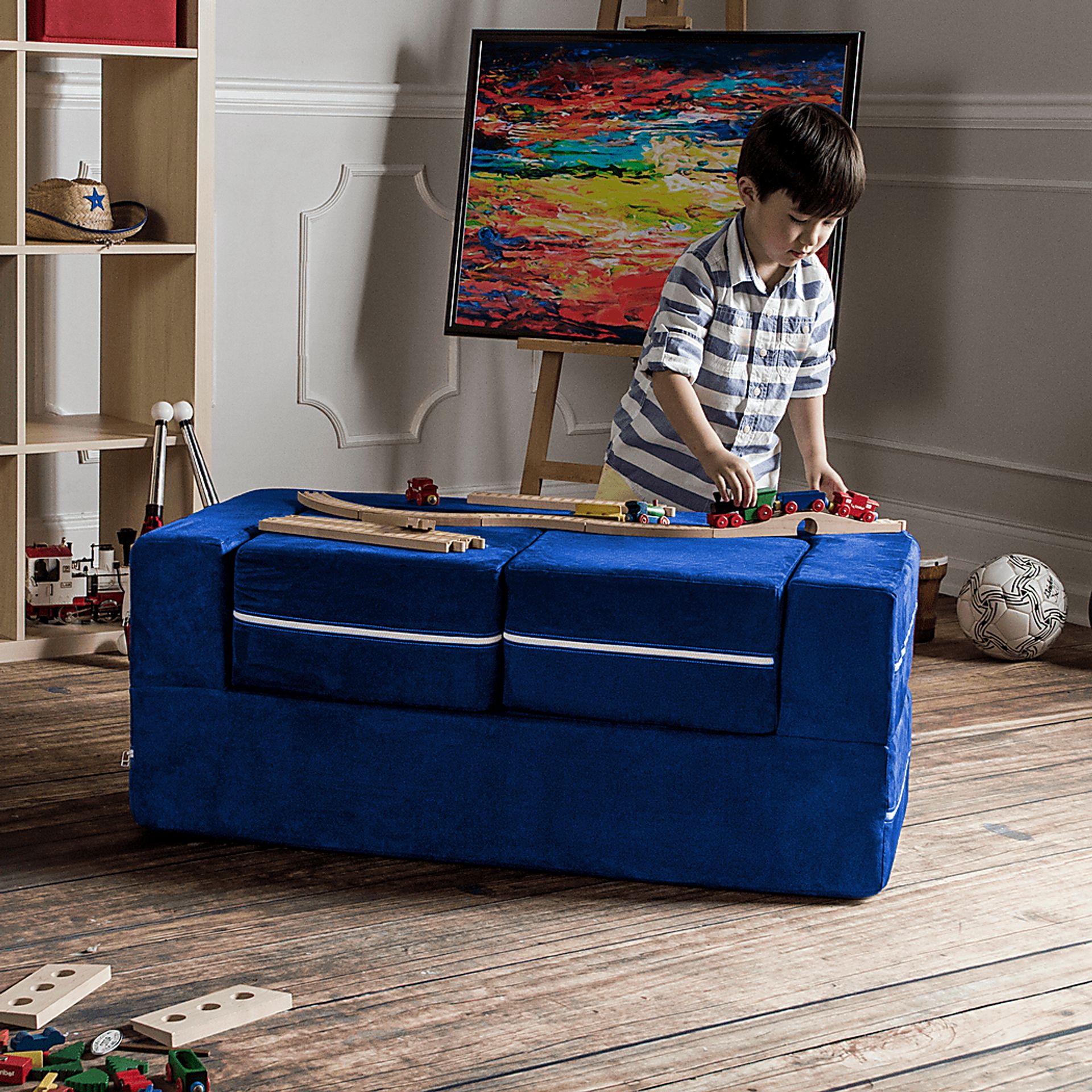 Kids Cubblie Blue Convertible Loveseat and Ottoman - Image 6