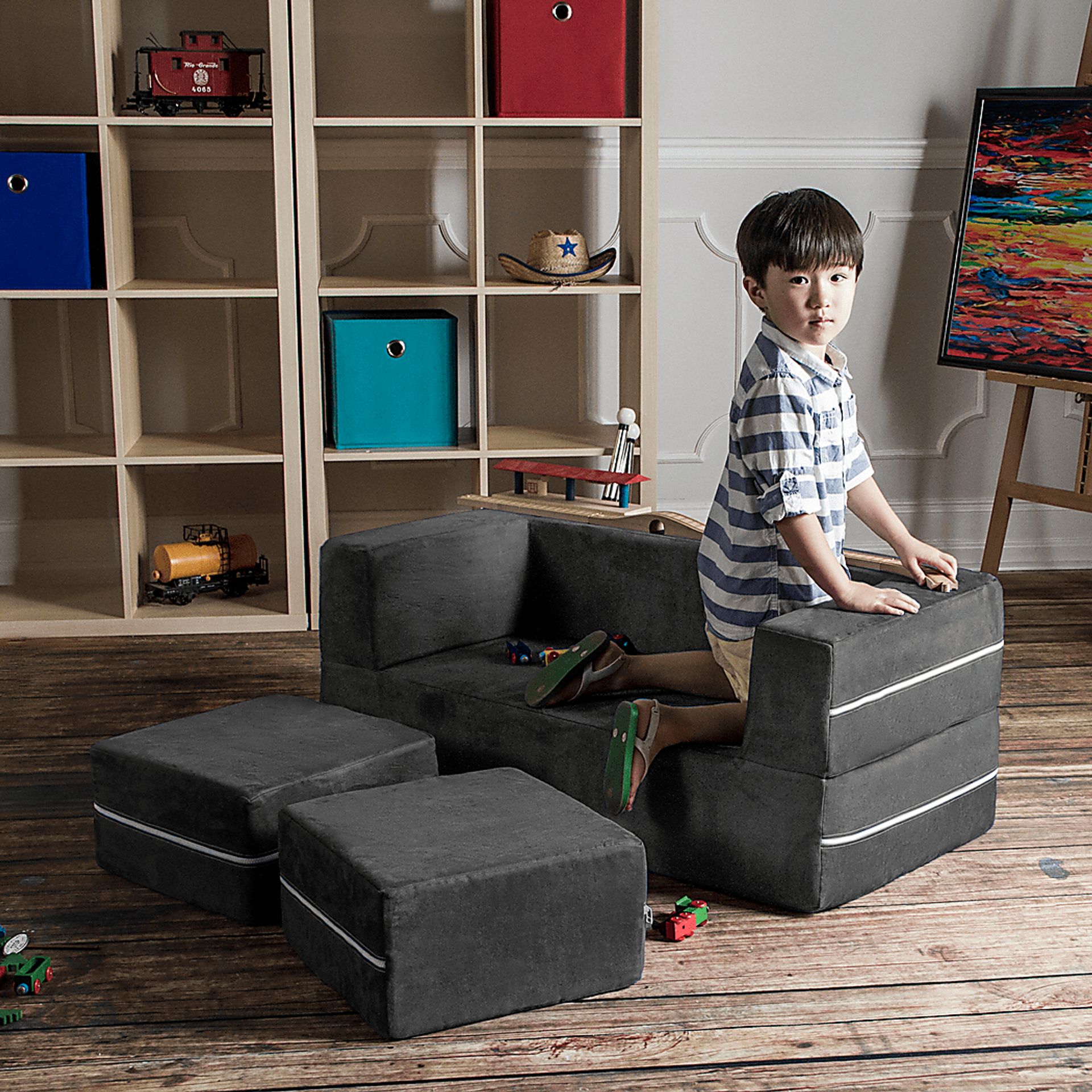 Kids Cubblie Gray Convertible Loveseat and Ottoman - Image 3
