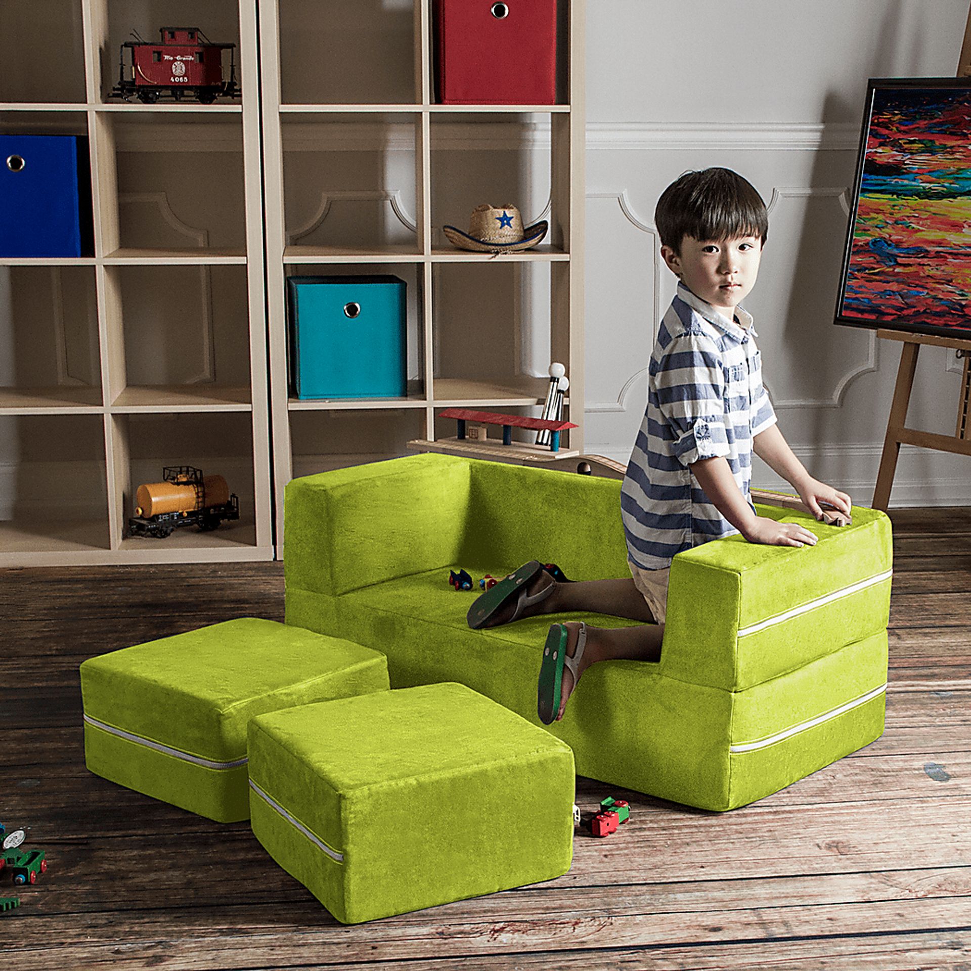 Kids Cubblie Green Convertible Loveseat and Ottoman - Image 4