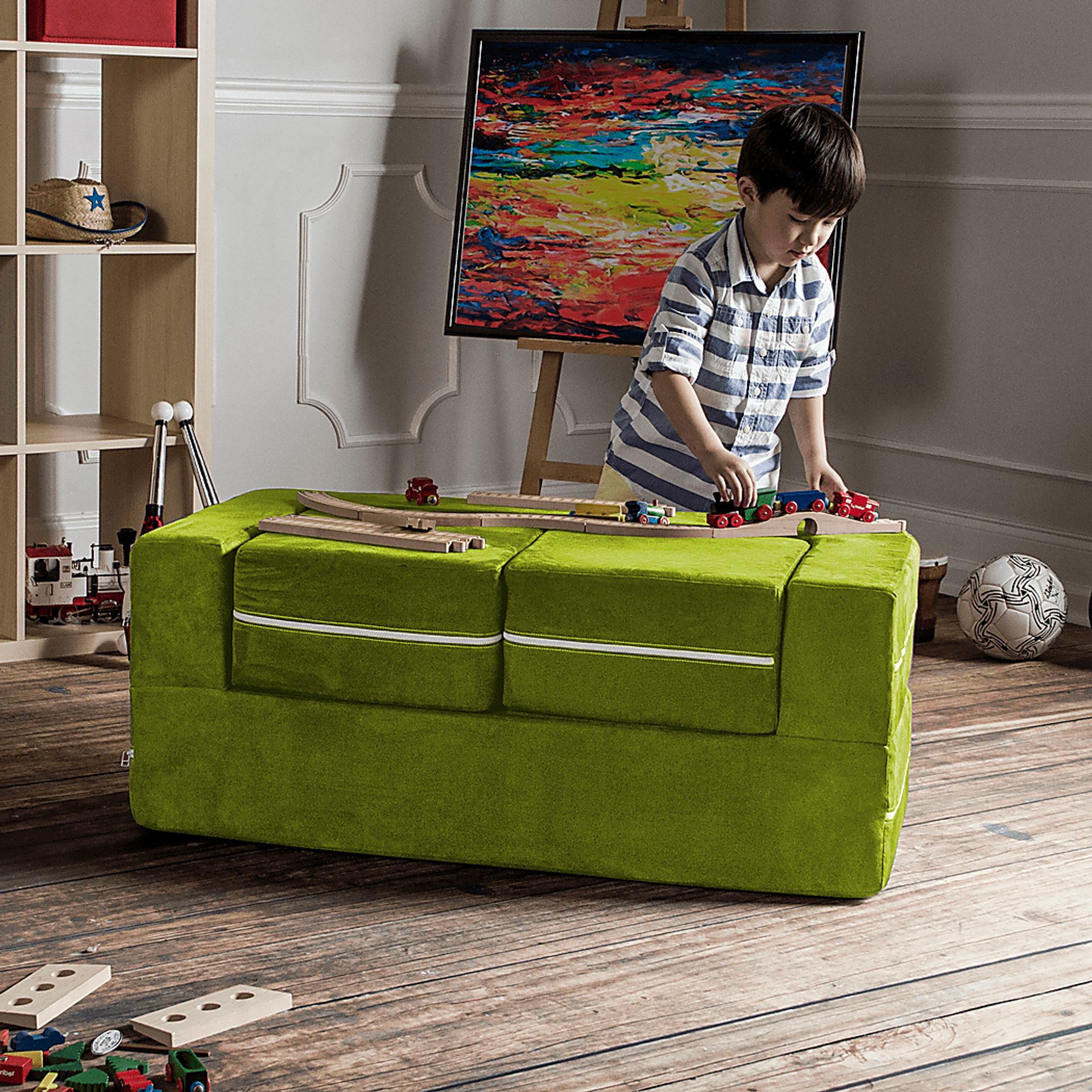 Kids Cubblie Green Convertible Loveseat and Ottoman - Image 6