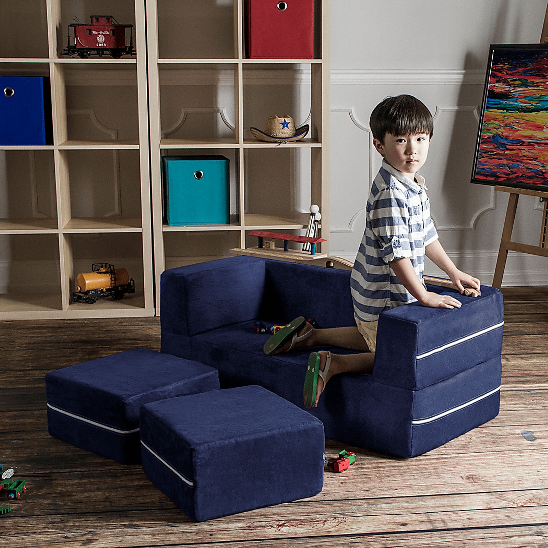 Kids Cubblie Navy Convertible Loveseat and Ottoman - Image 3