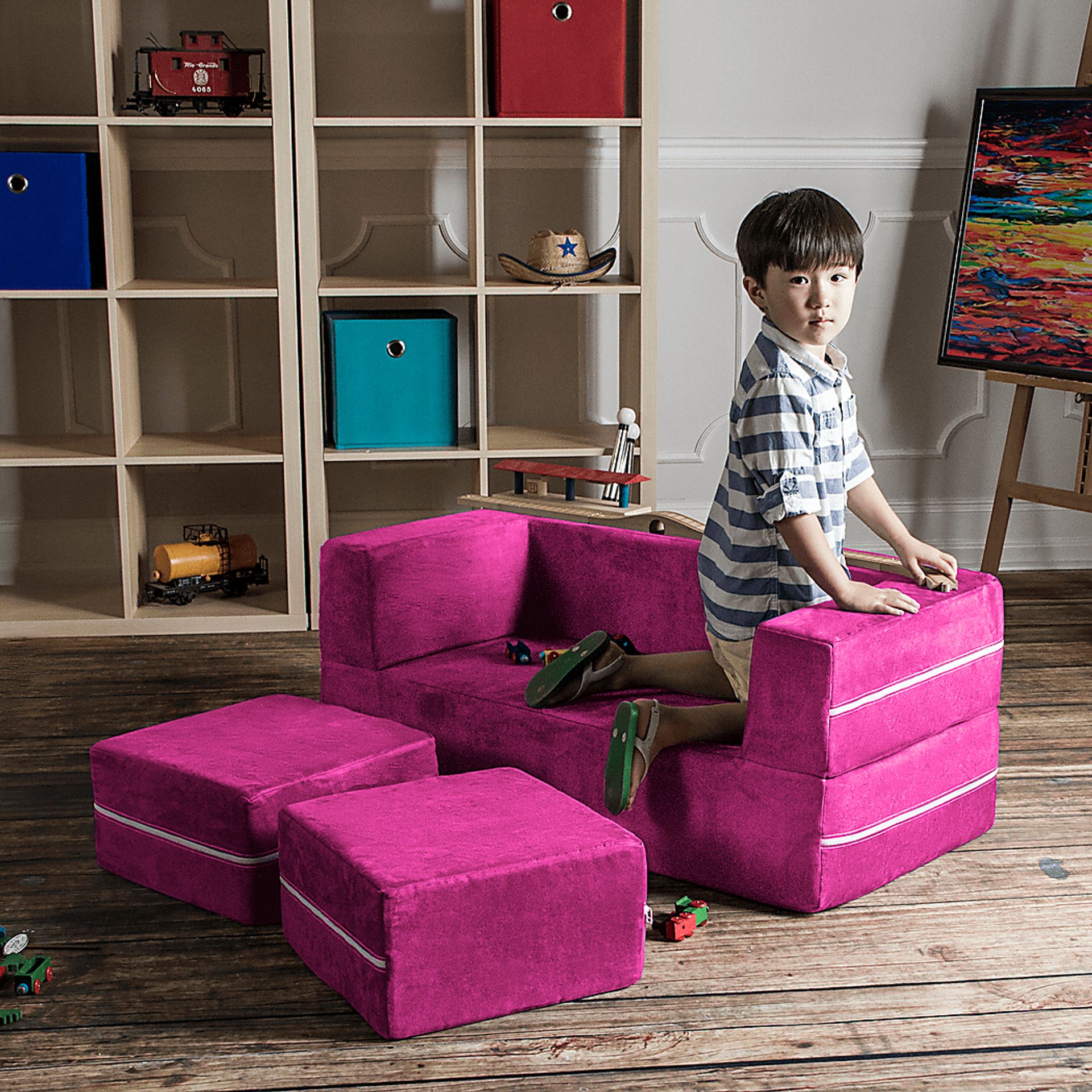 Kids Cubblie Pink Convertible Loveseat and Ottoman - Image 4