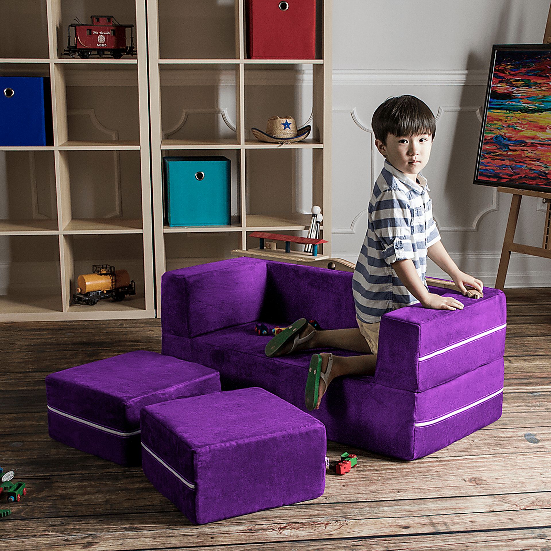 Kids Cubblie Purple Convertible Loveseat and Ottoman - Image 4