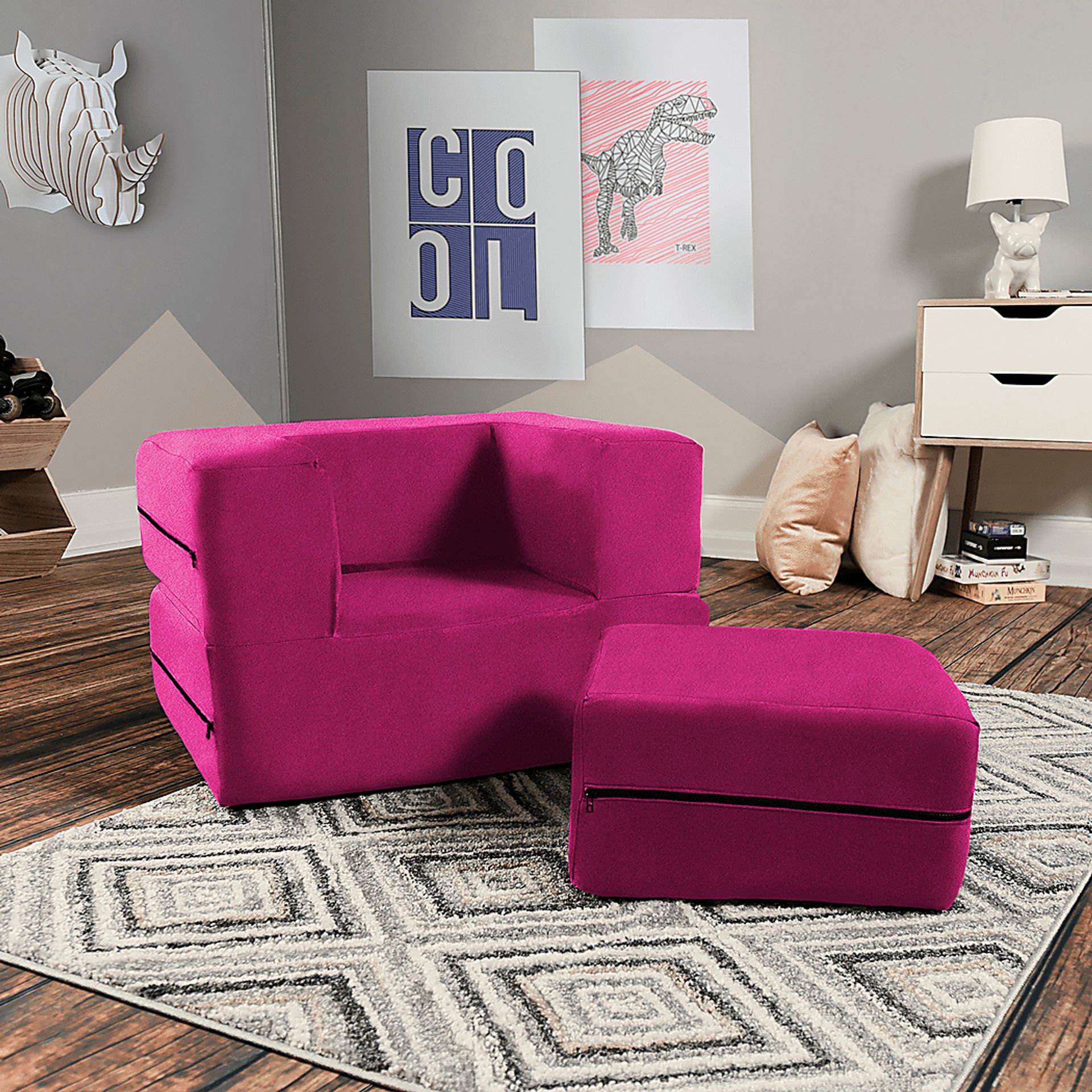 Kids Cubelax Fuchsia Convertible Chair and Ottoman - Image 2