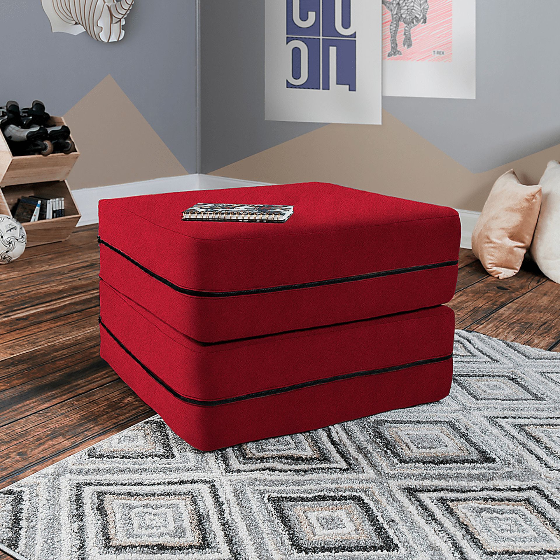 Kids Cubelax Red Convertible Chair and Ottoman - Image 5