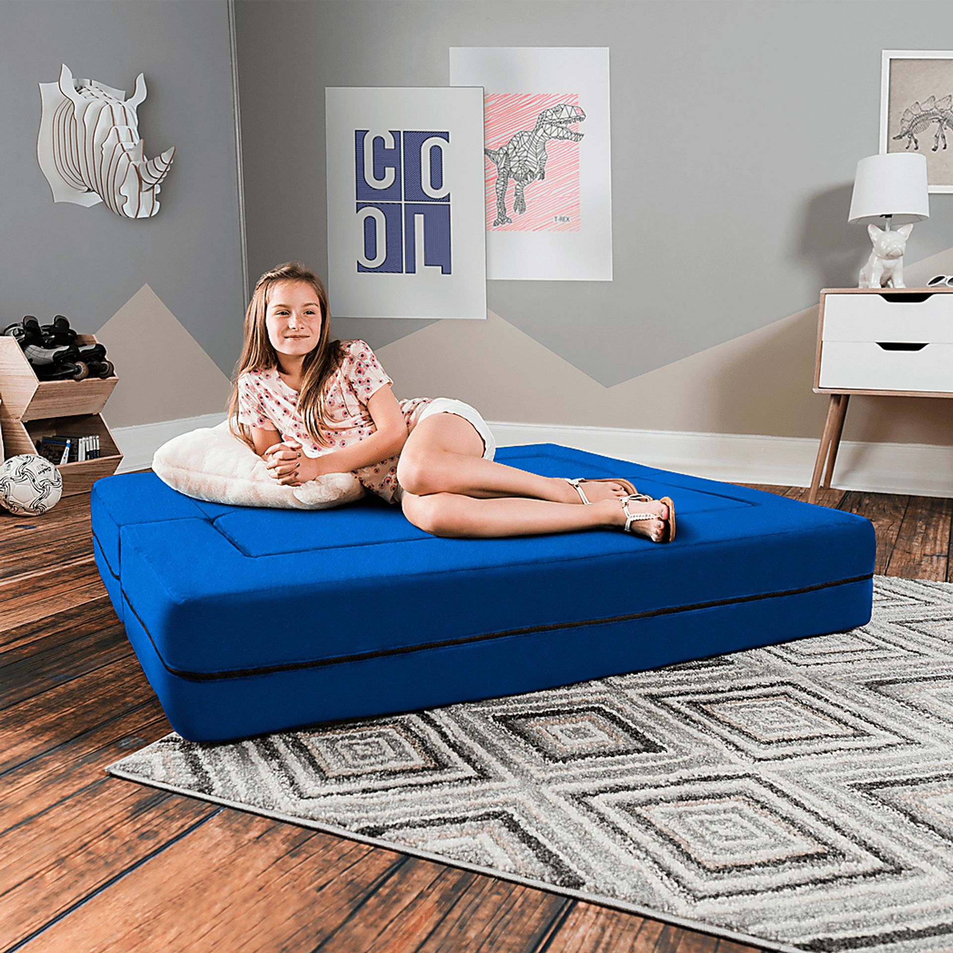 Kids Cubex Blue Convertible Sofa and Ottoman - Image 3
