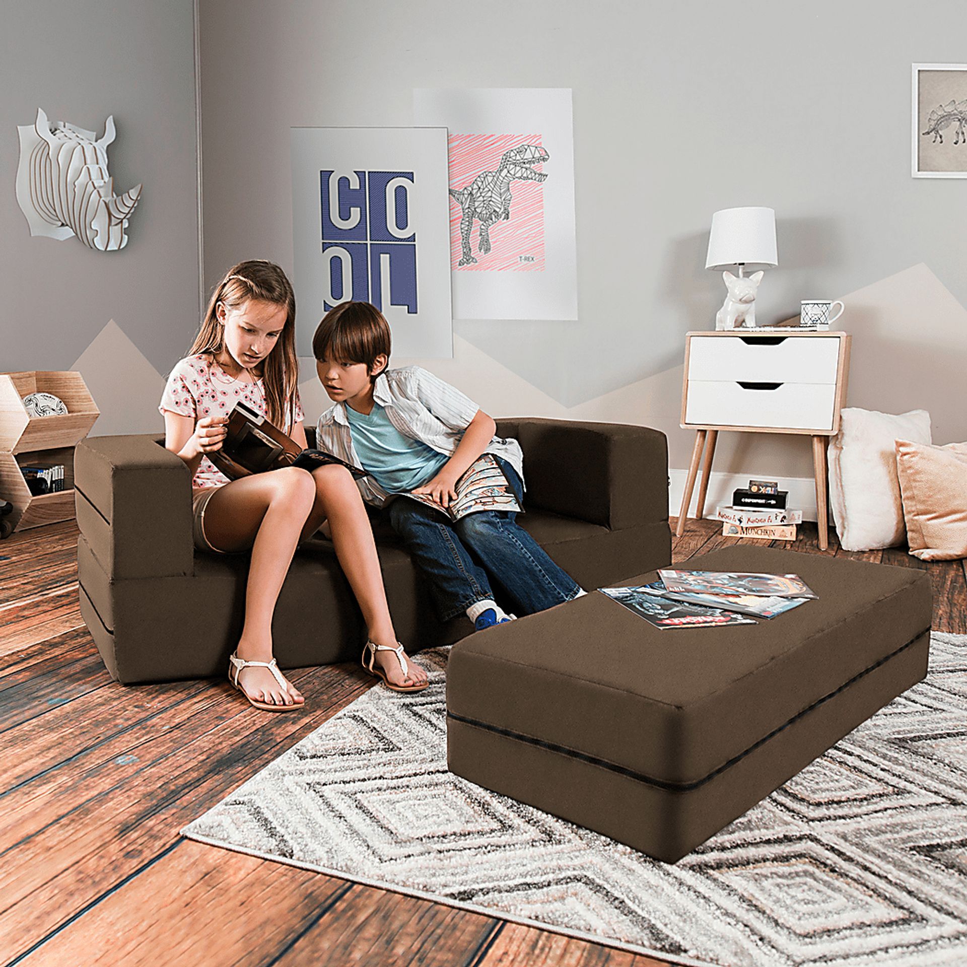 Kids Cubex Brown Convertible Sofa and Ottoman - Image 2