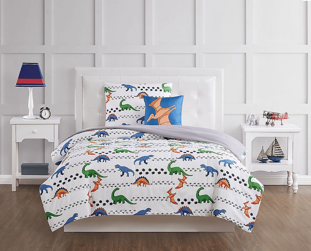 Kids Dino Venture White Full Quilt Set