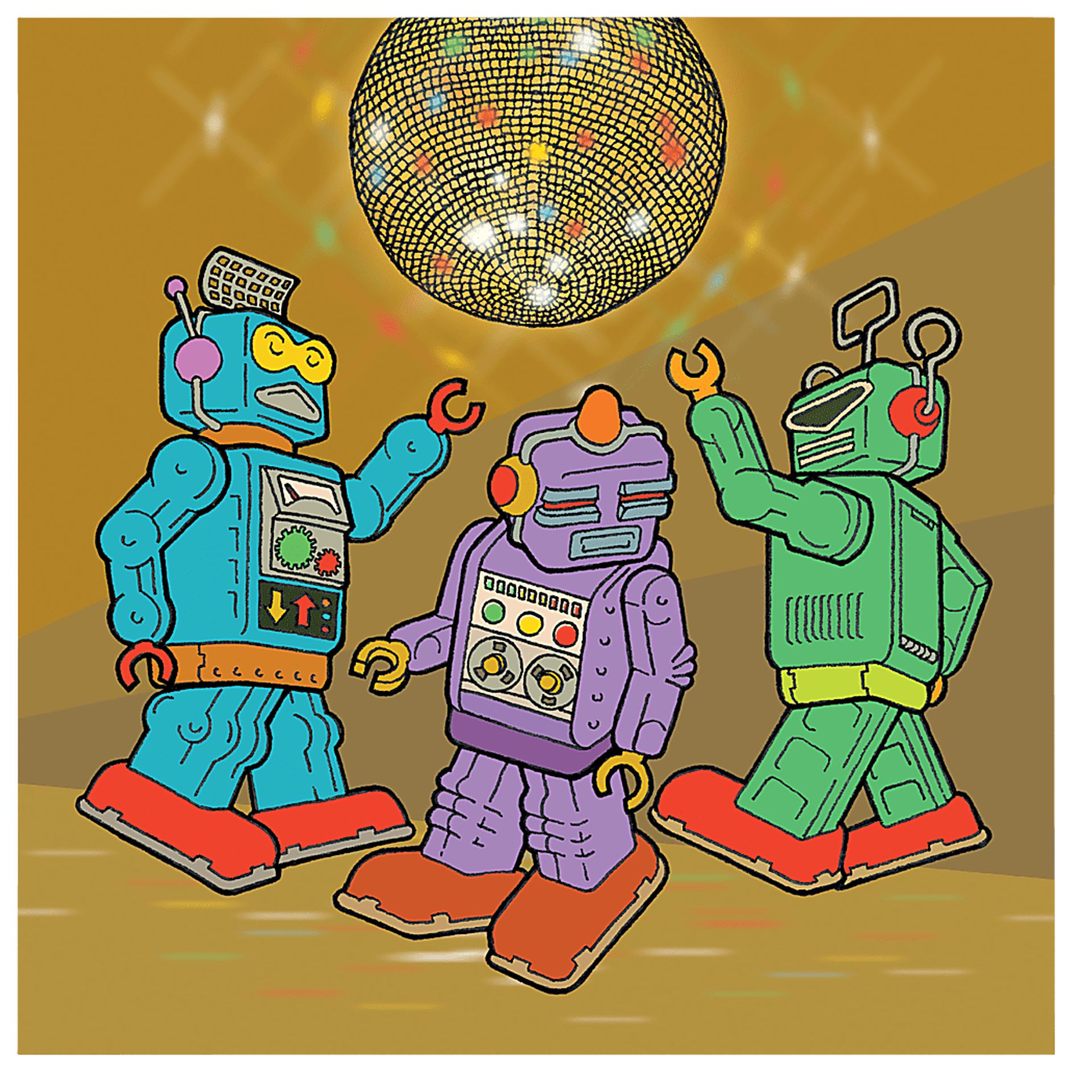 Kids Disco Robots Brown Artwork - Image 1