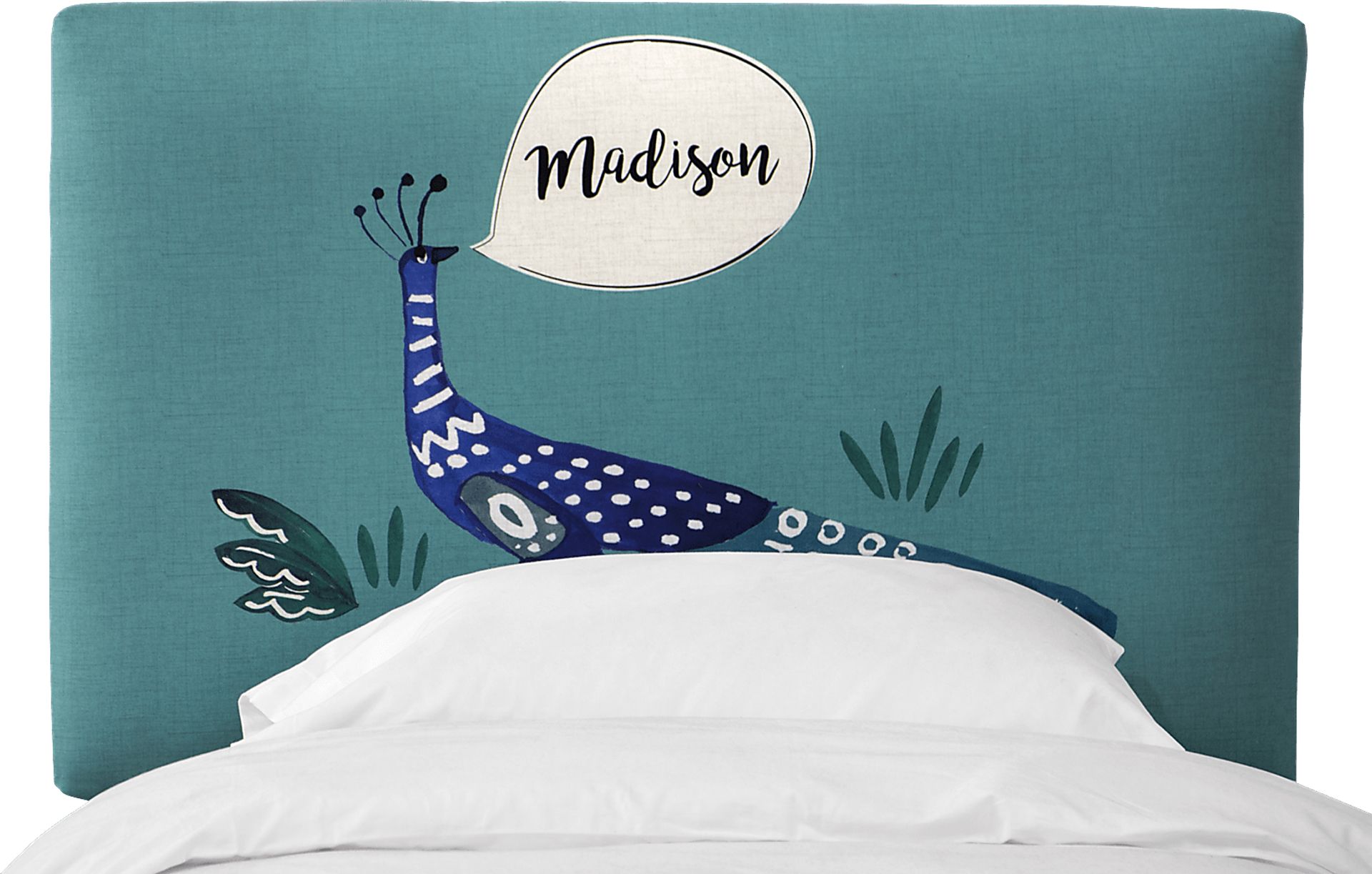 Kids Dreaming Peacock Aqua Queen Personalized Upholstered Headboard - Image 1