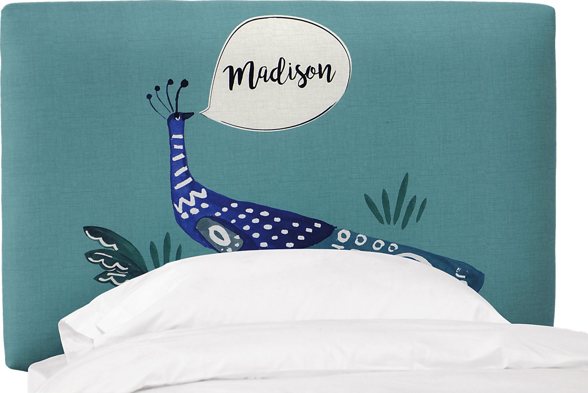 Kids Dreaming Peacock Aqua Twin Personalized Upholstered Headboard - Image 2