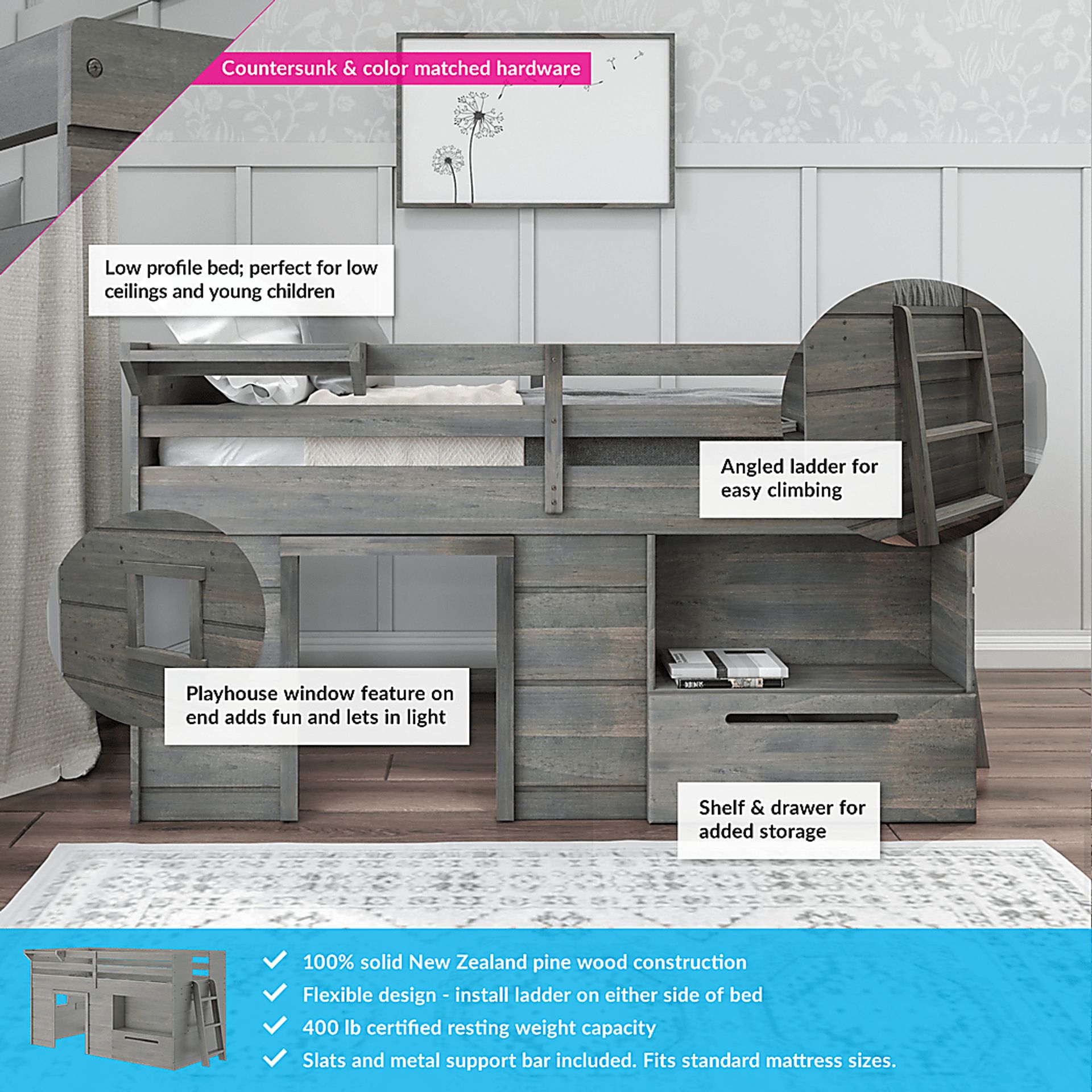 Kids Edenberry Gray Twin Loft Bed with 1 Drawer - Image 3