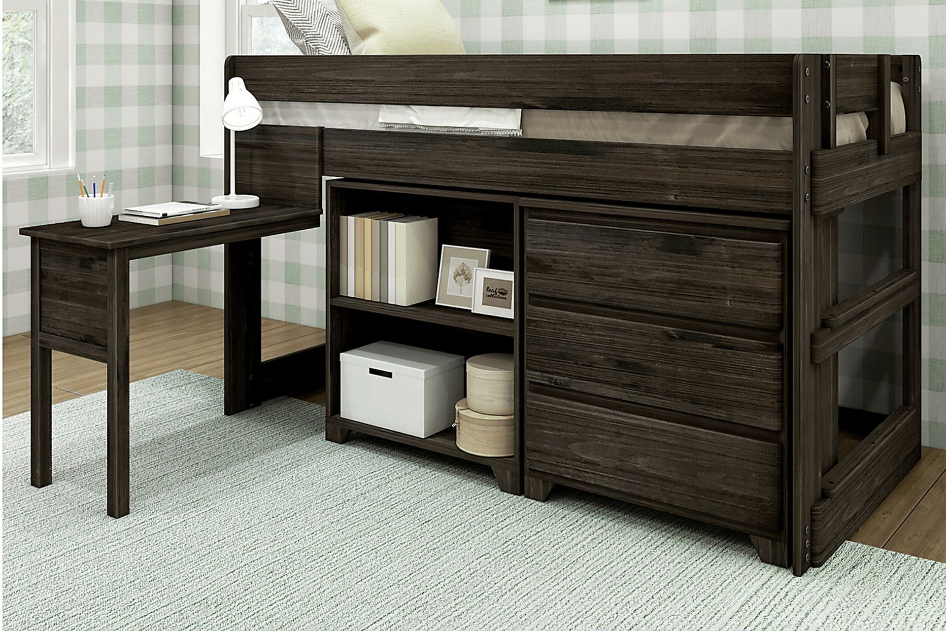 Kids Eliska I Brown Twin Loft Bed with Dresser, Bookcase, and Desk - Image 2