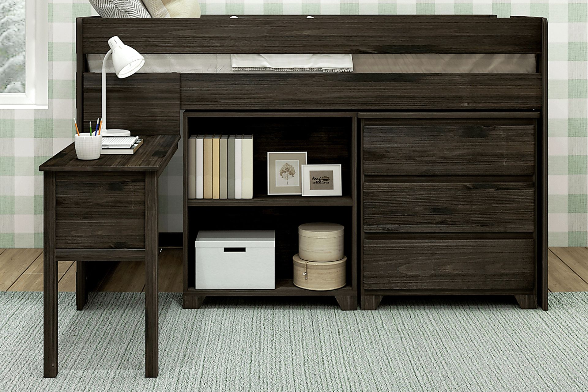 Kids Eliska I Brown Twin Loft Bed with Dresser, Bookcase, and Desk - Image 3
