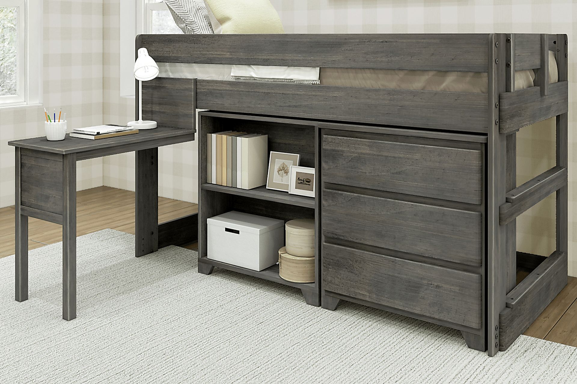 Kids Eliska I Gray Twin Loft Bed with Dresser, Bookcase, and Desk - Image 2