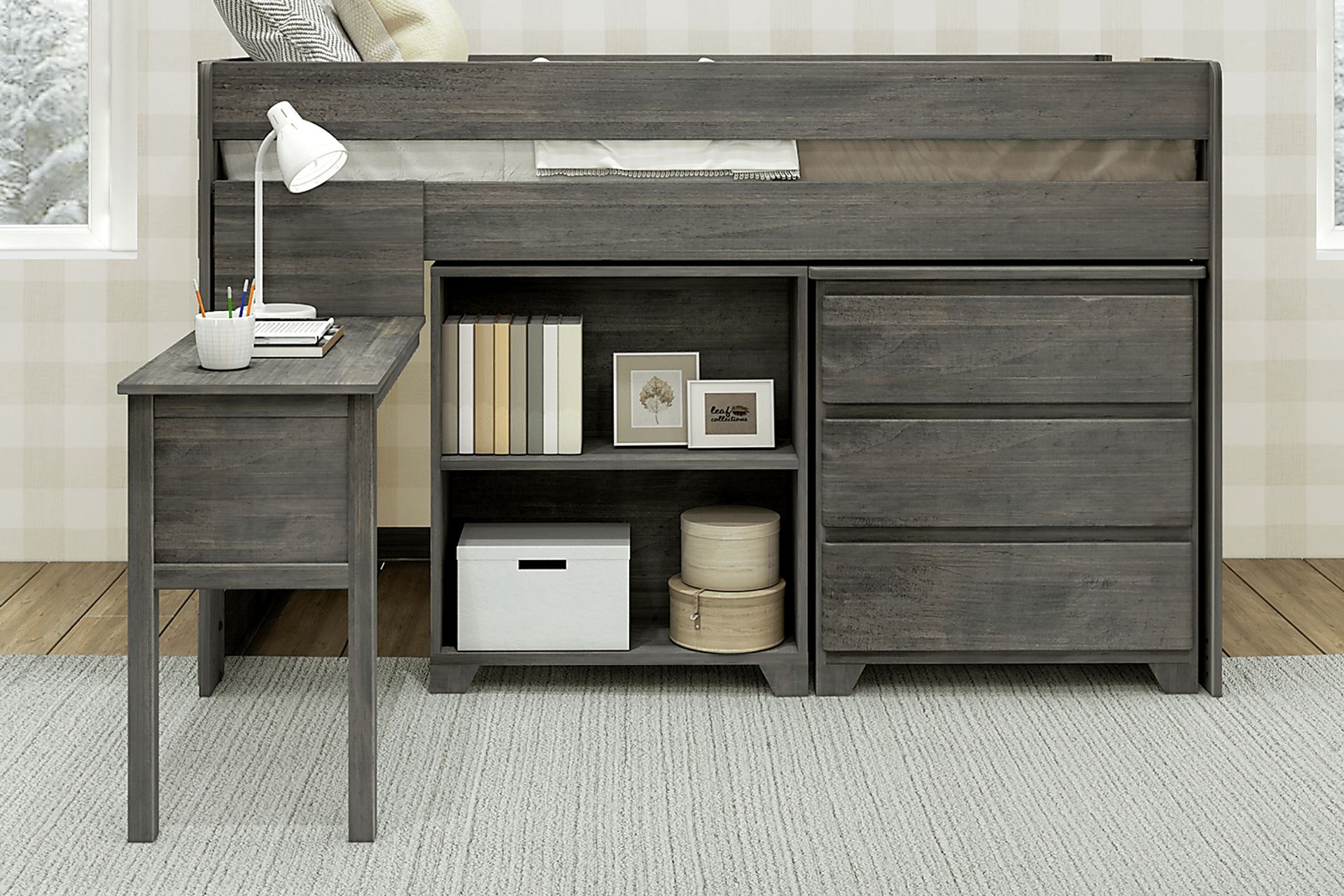 Kids Eliska I Gray Twin Loft Bed with Dresser, Bookcase, and Desk - Image 3