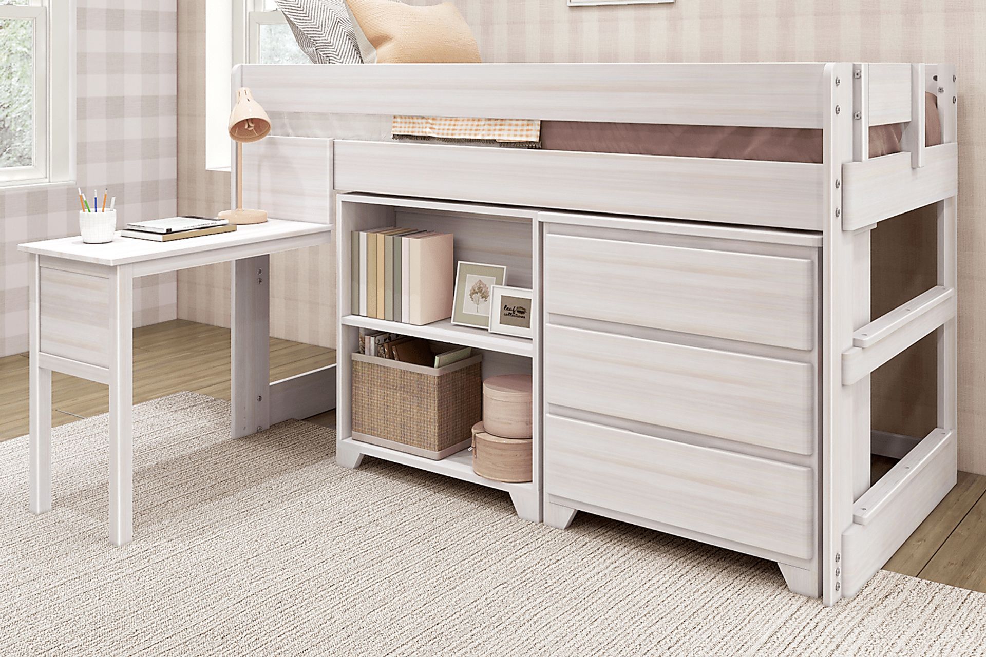 Kids Eliska I White Twin Loft Bed with Dresser, Bookcase, and Desk - Image 2