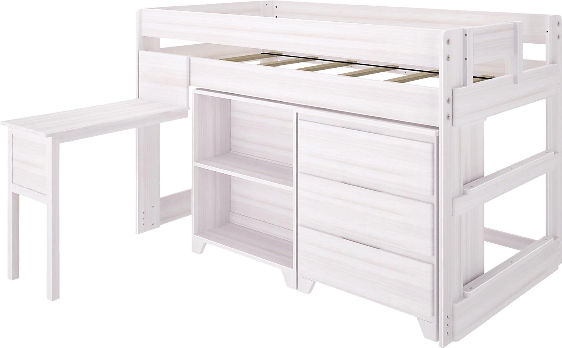 Kids Eliska I White Twin Loft Bed with Dresser, Bookcase, and Desk - Image 1