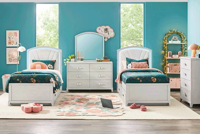 Kids Emilie Rose Twin Wirebrush Gray Upholstered Bedroom - Thumbnail - Image 1