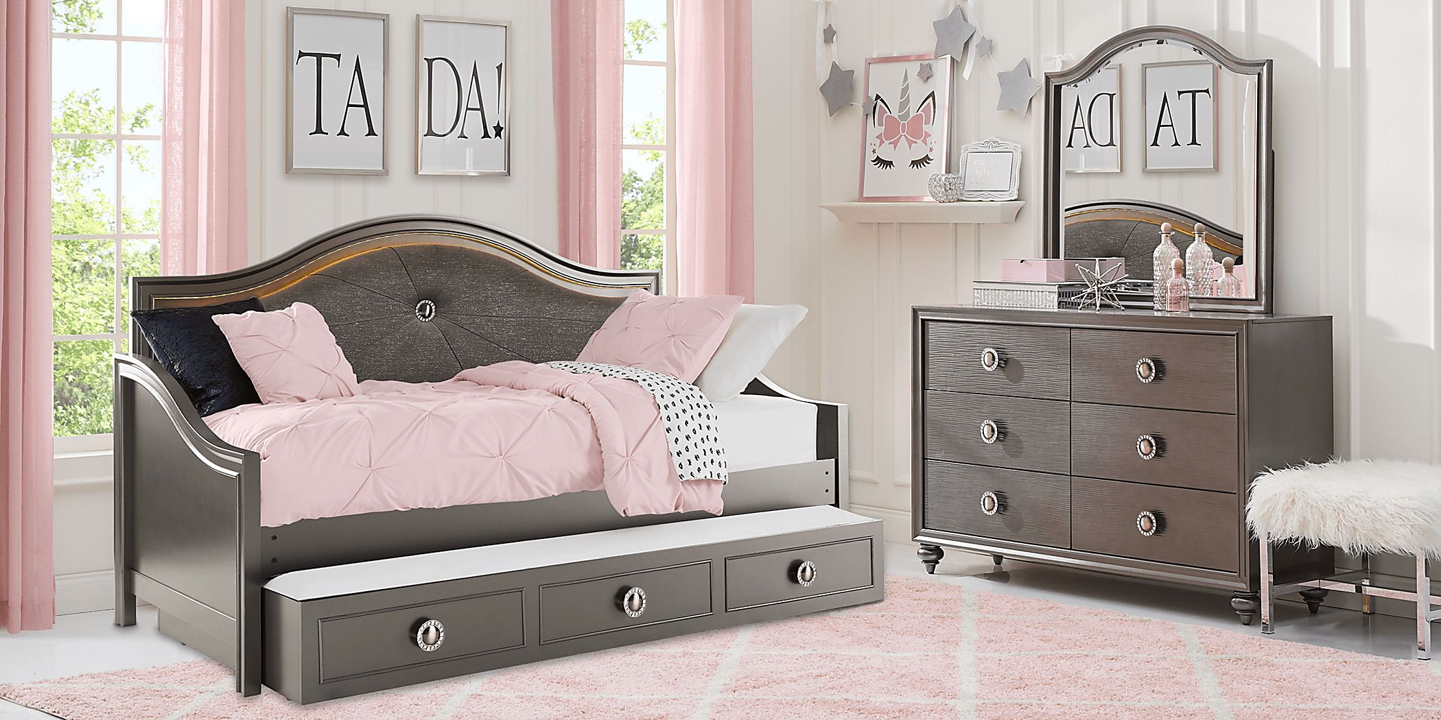 Evangeline 5 Pc Charcoal Gray Twin Bedroom Set With Mirror, Dresser