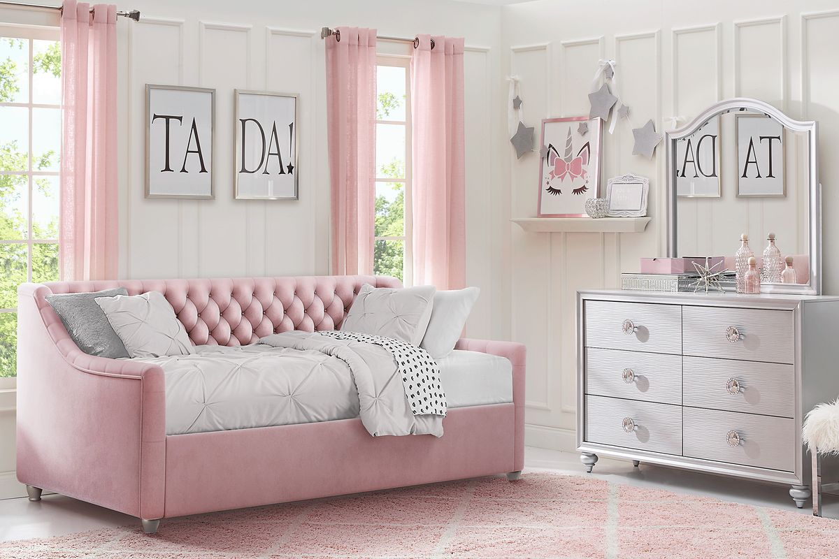 Evangeline 5 Pc Silver Gray Pink Twin Bedroom Set With Mirror, Twin 