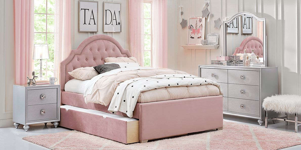 Evangeline 5 Pc Silver Gray Pink Full Bedroom Set With Mirror 3