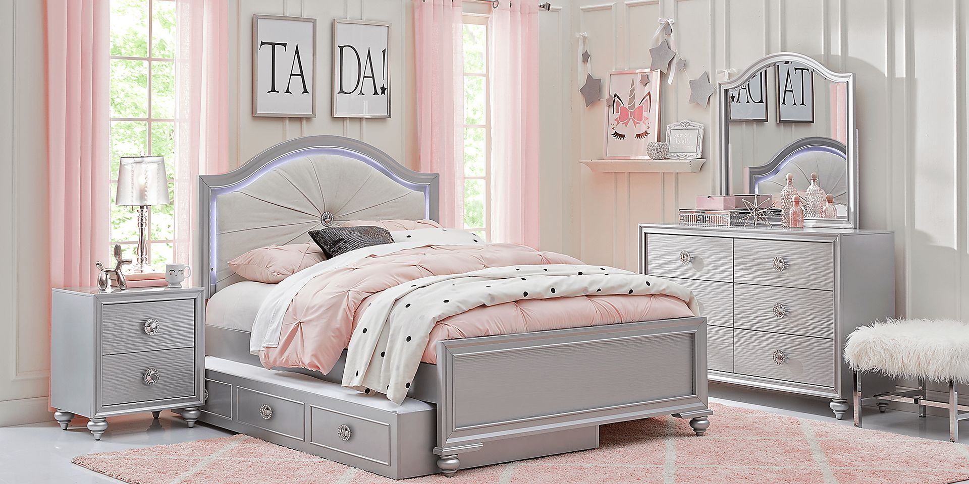 Kids Evangeline Silver Full Lighted Upholstered Bed with White LED - Image 2