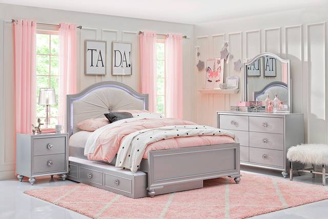 Kids Evangeline Silver 5 Pc Full Lighted Upholstered Bedroom - Thumbnail - Image 1
