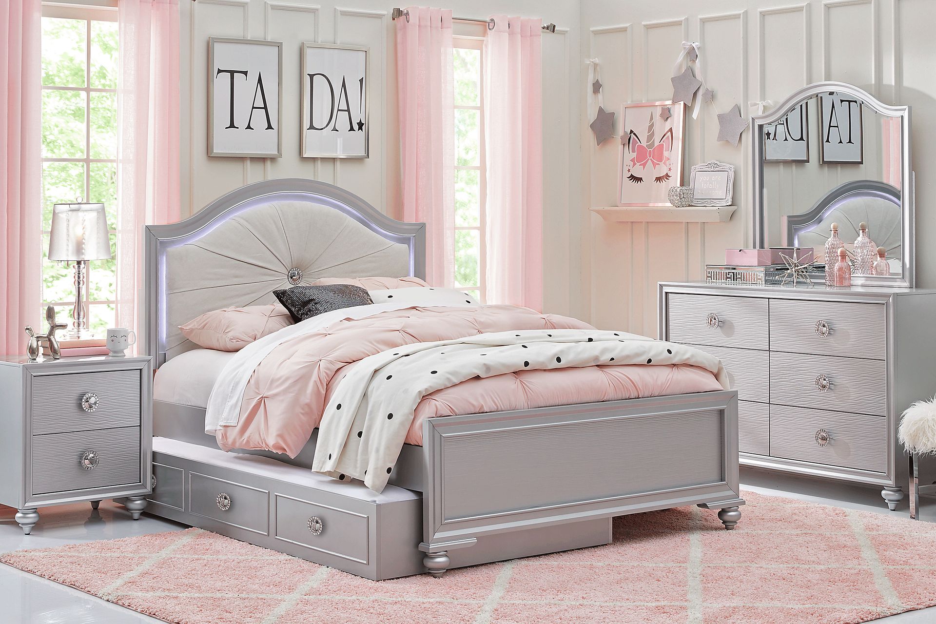 Kids Evangeline Silver 5 Pc Full Lighted Upholstered Bedroom - Image 1