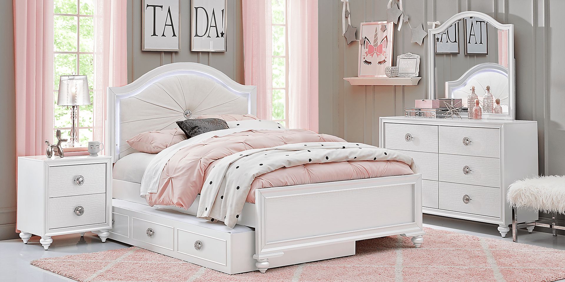 Kids Evangeline White Full Lighted Upholstered Bed with White LED - Image 2