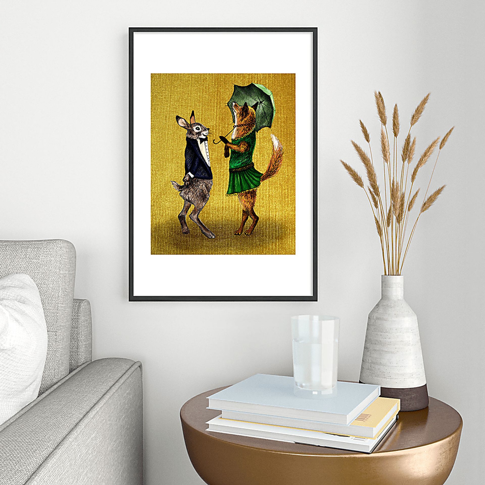Kids Fox And Hare Gold Metal Framed Print - Image 2