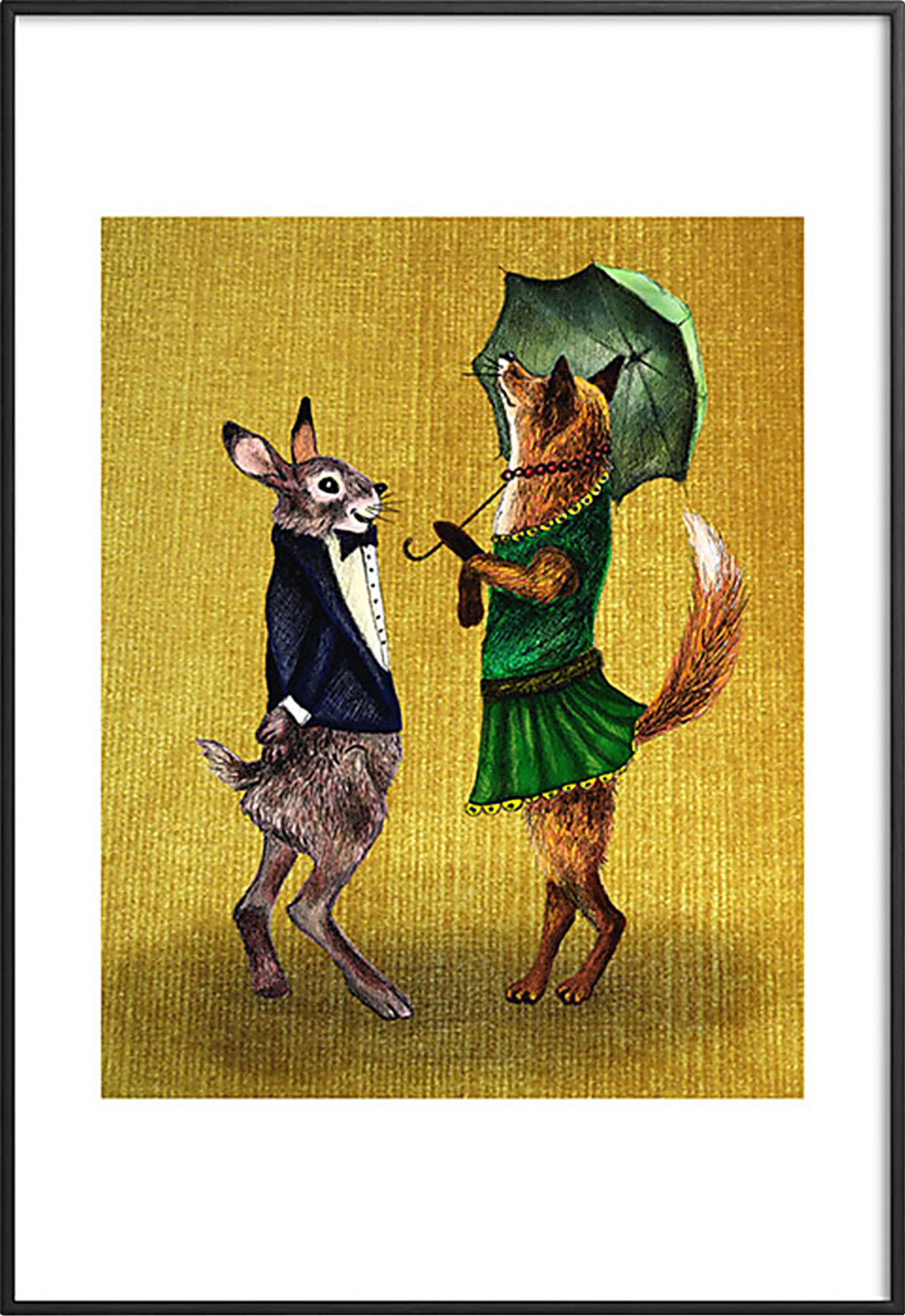 Kids Fox And Hare Gold Metal Framed Print - Image 1