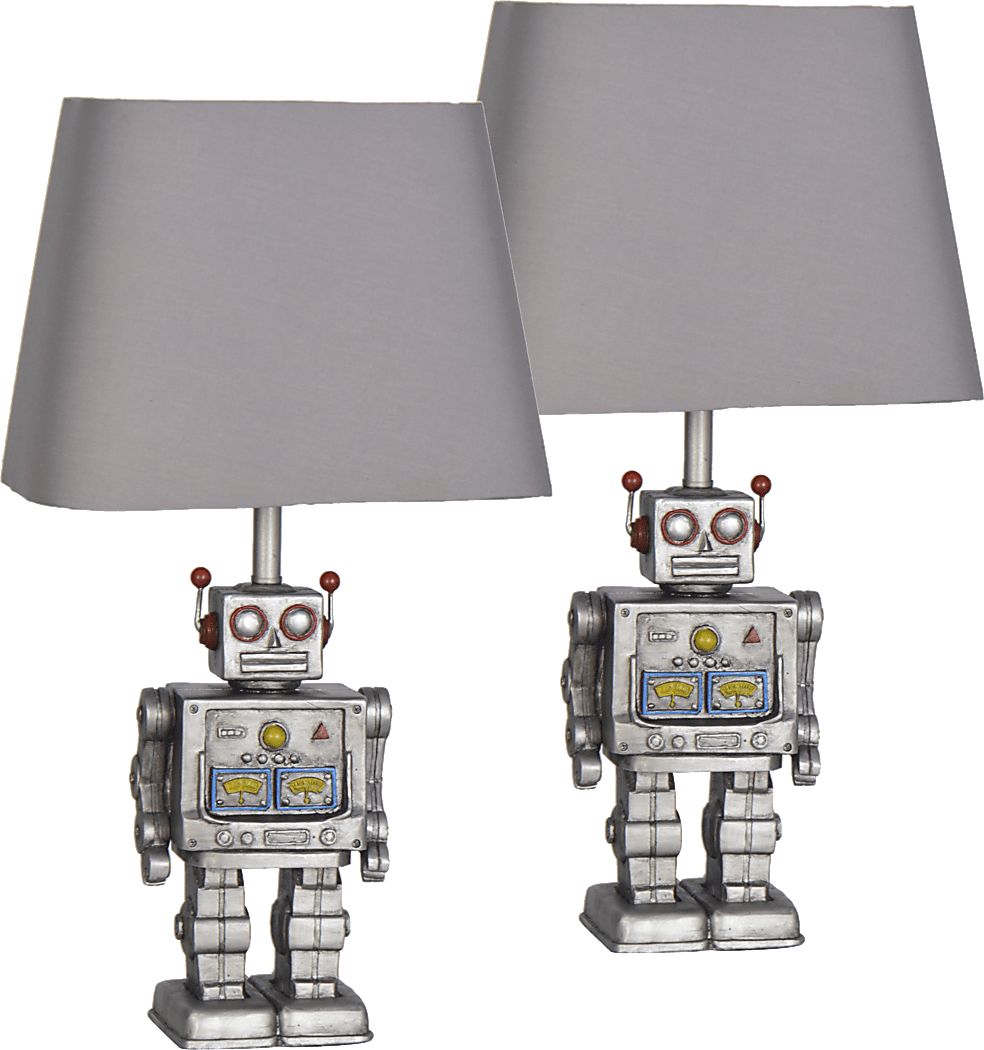 Kids Funny Robot Silver Lamps, Set of 2