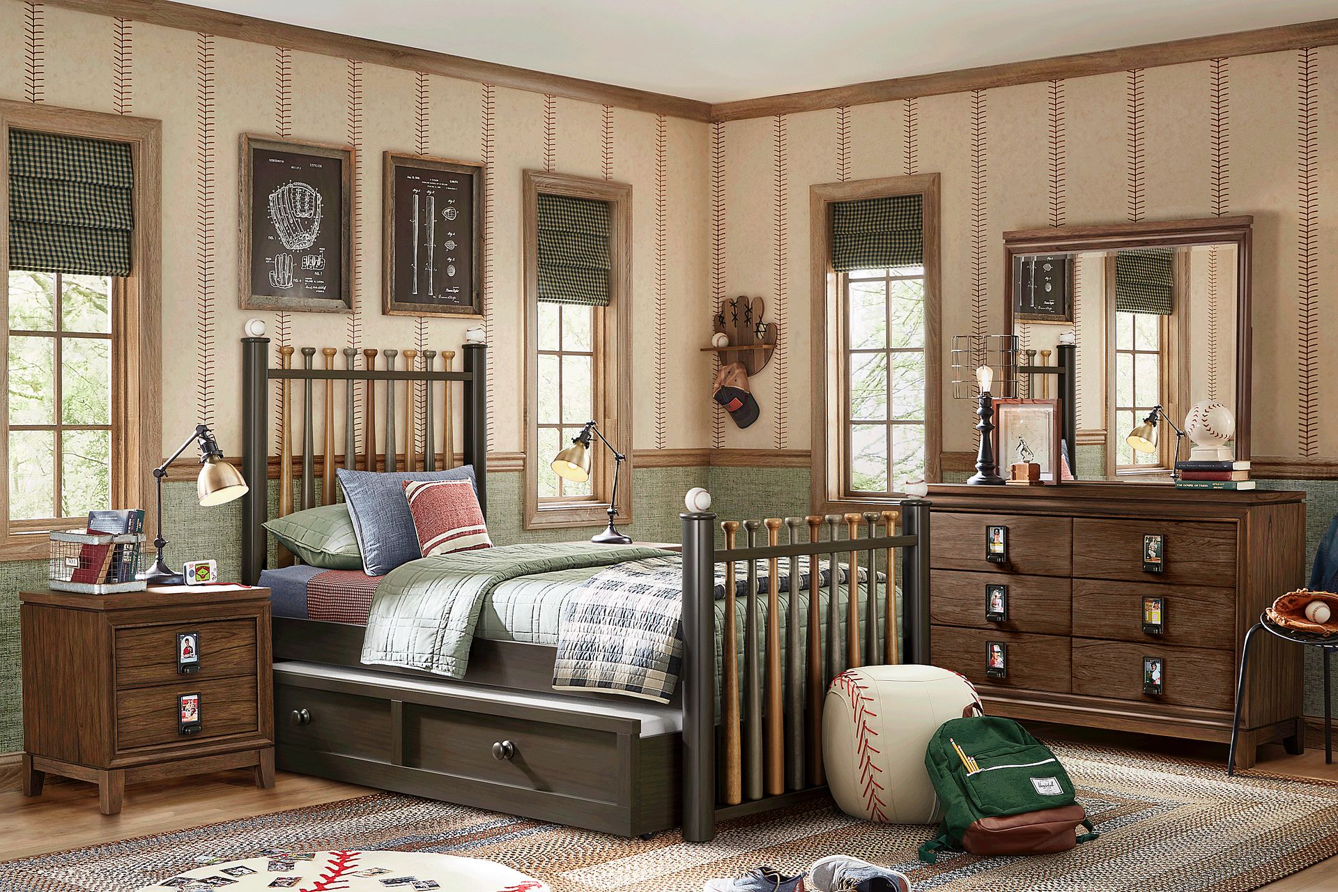 Kids Gallery Zone Saddle Bedroom with Stained Twin Batter Up Baseball Bat Bed - Image 1