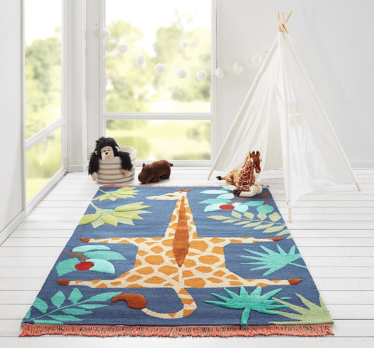 Giggly Giraffe Navy Blue Wool Fabric Rug | Rooms to Go