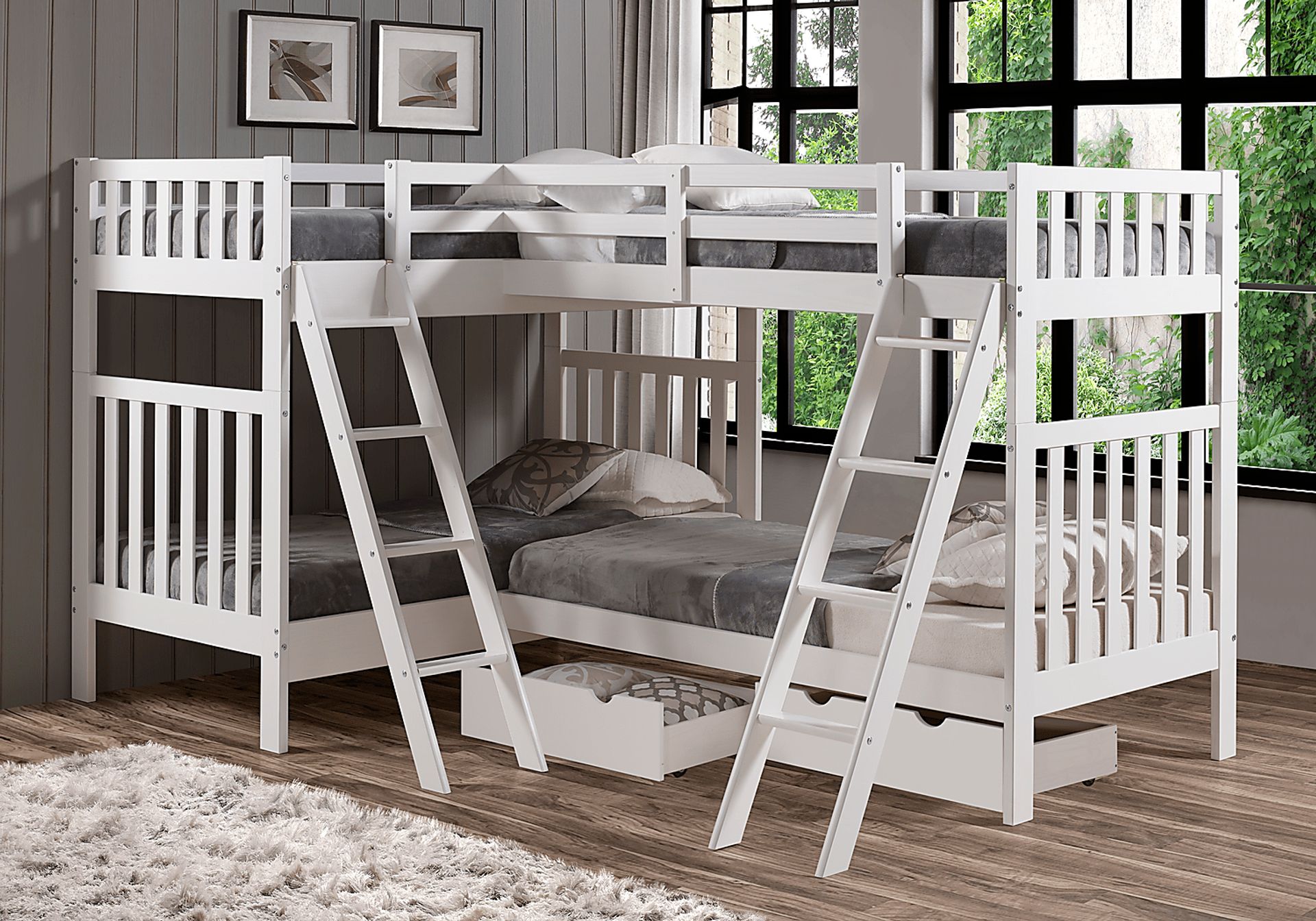 Kids Grenshall White Twin/Twin/Twin/Twin Bunk Bed with Storage - Image 2